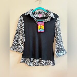 NWT She’s Cool Vintage Y2K Black & Leopard Print Collared Shirt Blouse Top